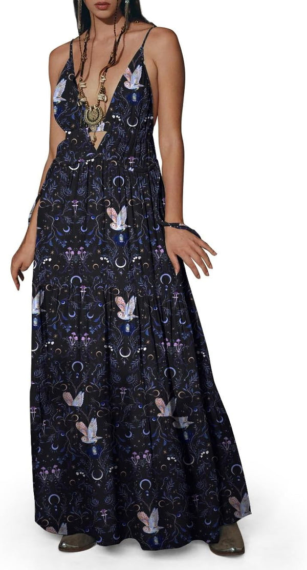 Womens Summer Sun Dresses Mystical Gothic Maxi Dress Casual Floral Witch Dress Date Dress Halloween Outfits