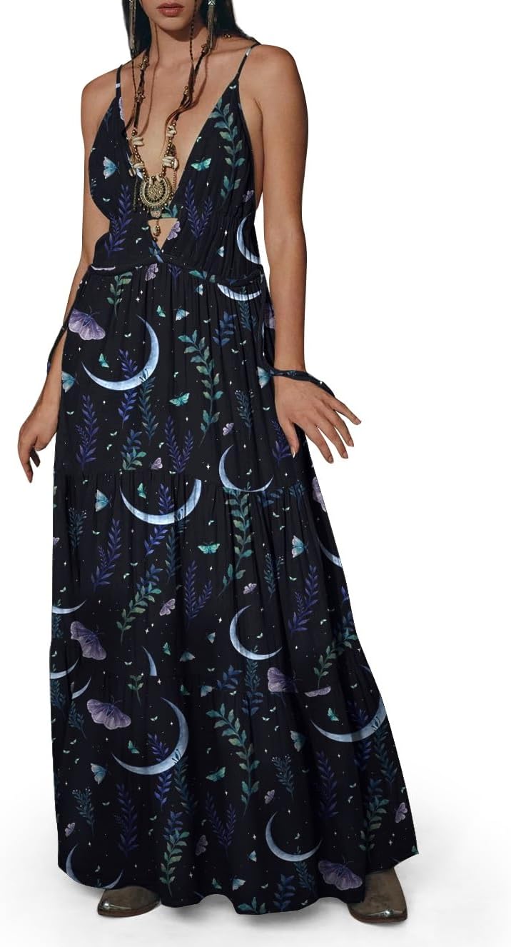 Womens Summer Sun Dresses Mystical Gothic Maxi Dress Casual Floral Witch Dress Date Dress Halloween Outfits