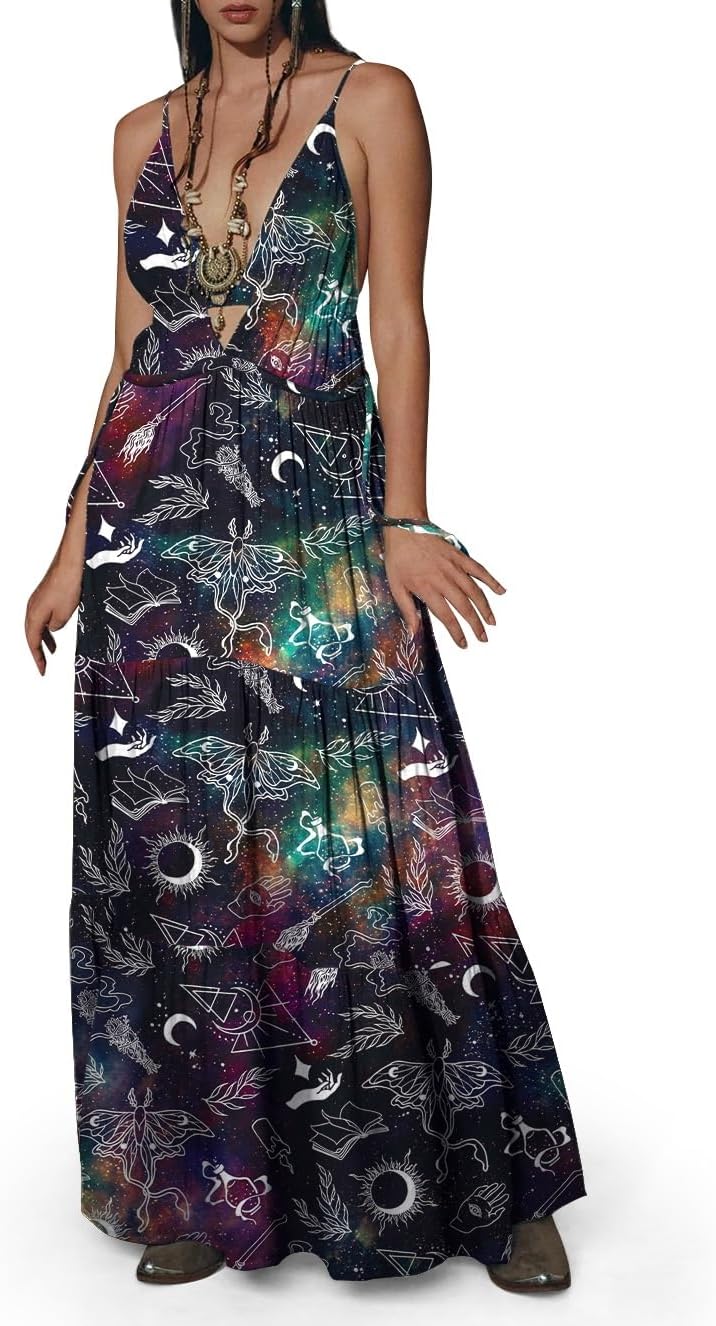Womens Summer Sun Dresses Mystical Gothic Maxi Dress Casual Floral Witch Dress Date Dress Halloween Outfits
