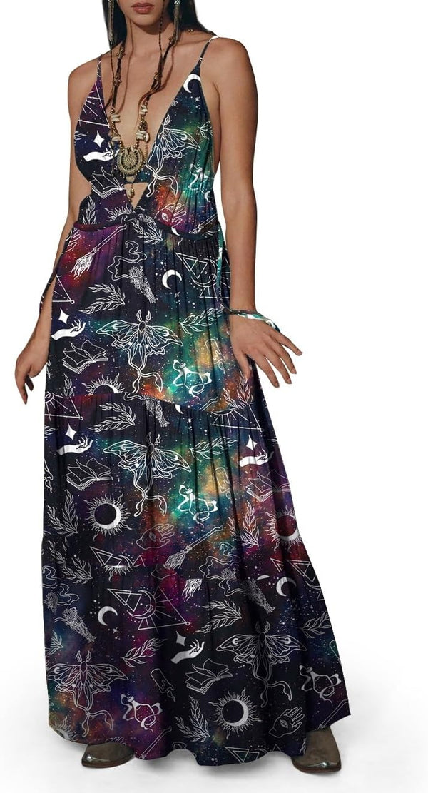 Womens Summer Sun Dresses Mystical Gothic Maxi Dress Casual Floral Witch Dress Date Dress Halloween Outfits