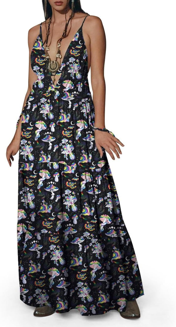 Womens Summer Sun Dresses Mystical Gothic Maxi Dress Casual Floral Witch Dress Date Dress Halloween Outfits