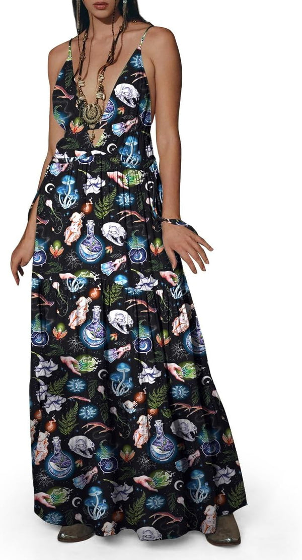 Womens Summer Sun Dresses Mystical Gothic Maxi Dress Casual Floral Witch Dress Date Dress Halloween Outfits