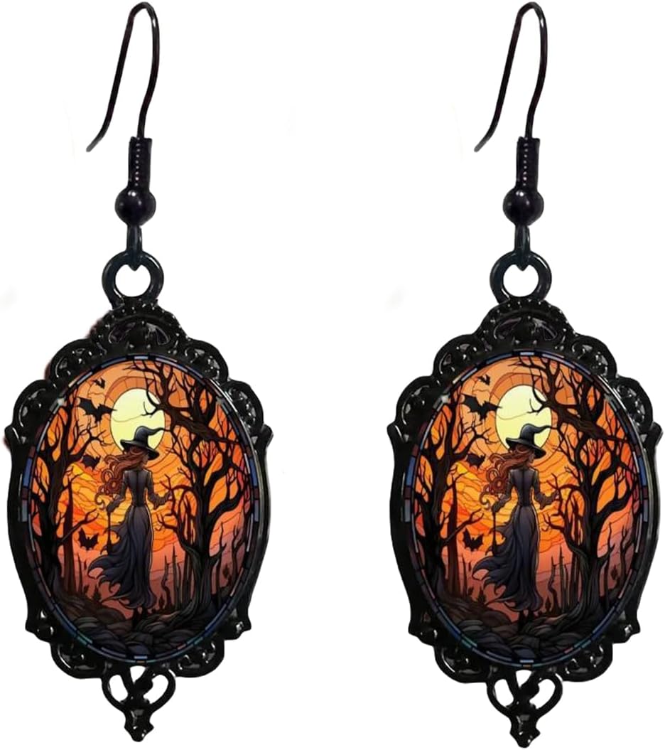 Vintage Halloween Earrings Gothic Mystery Witch Cameo Earrings Vintage Punk Crystal Glass Witch Dangle Earrings Victorian Jewelry for Women