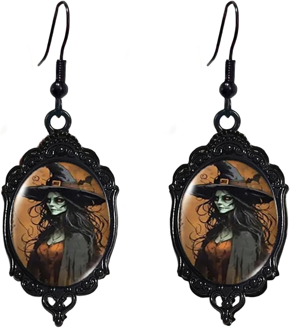 Vintage Halloween Earrings Gothic Mystery Witch Cameo Earrings Vintage Punk Crystal Glass Witch Dangle Earrings Victorian Jewelry for Women
