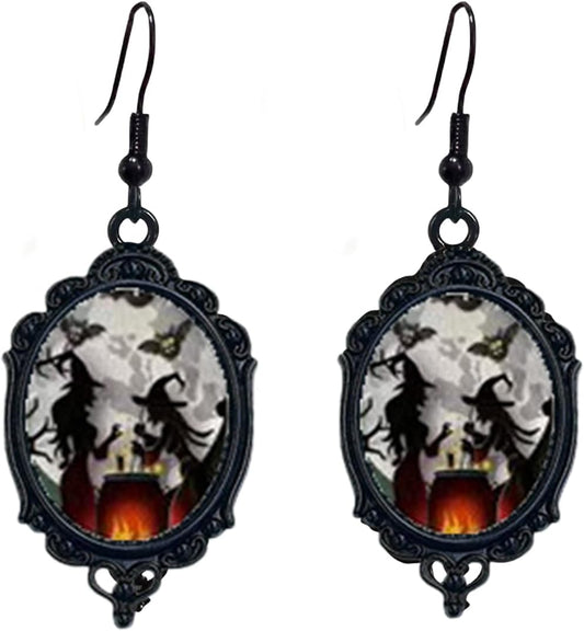 Vintage Halloween Earrings Gothic Mystery Witch Cameo Earrings Vintage Punk Crystal Glass Witch Dangle Earrings Victorian Jewelry for Women