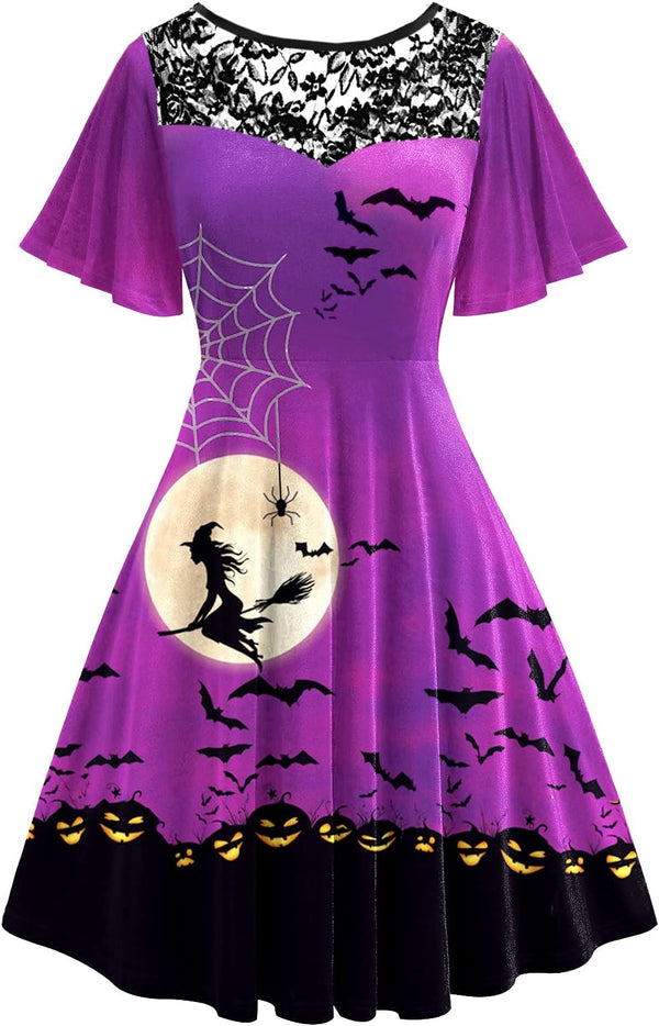 Women Halloween Dress Lace Flutter Sleeve A-Line Party Dresses
