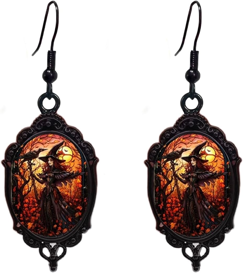 Vintage Halloween Earrings Gothic Mystery Witch Cameo Earrings Vintage Punk Crystal Glass Witch Dangle Earrings Victorian Jewelry for Women