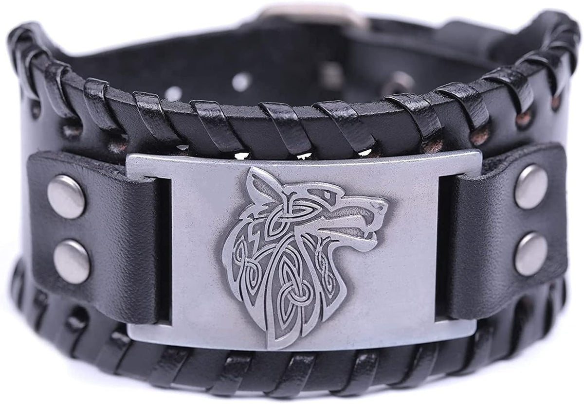 HAQUIL Viking Wiccan Egytian Black Brown Wide Leather Wristband Bracelet Ancient Medieval Jewelry Gift for Men