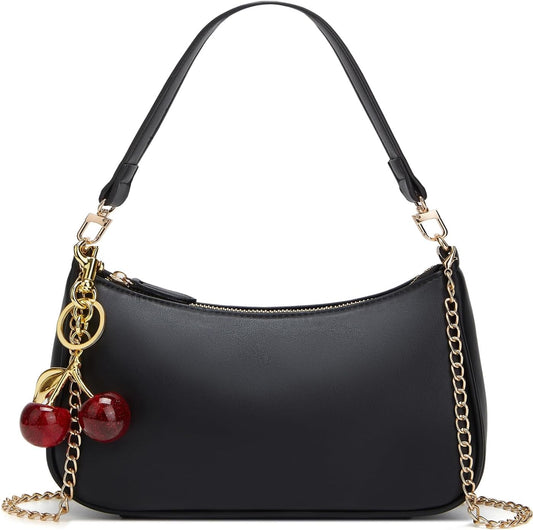 Black Cute Hobo Cherry Shoulder Bag — Retro Clutch with Removable Straps