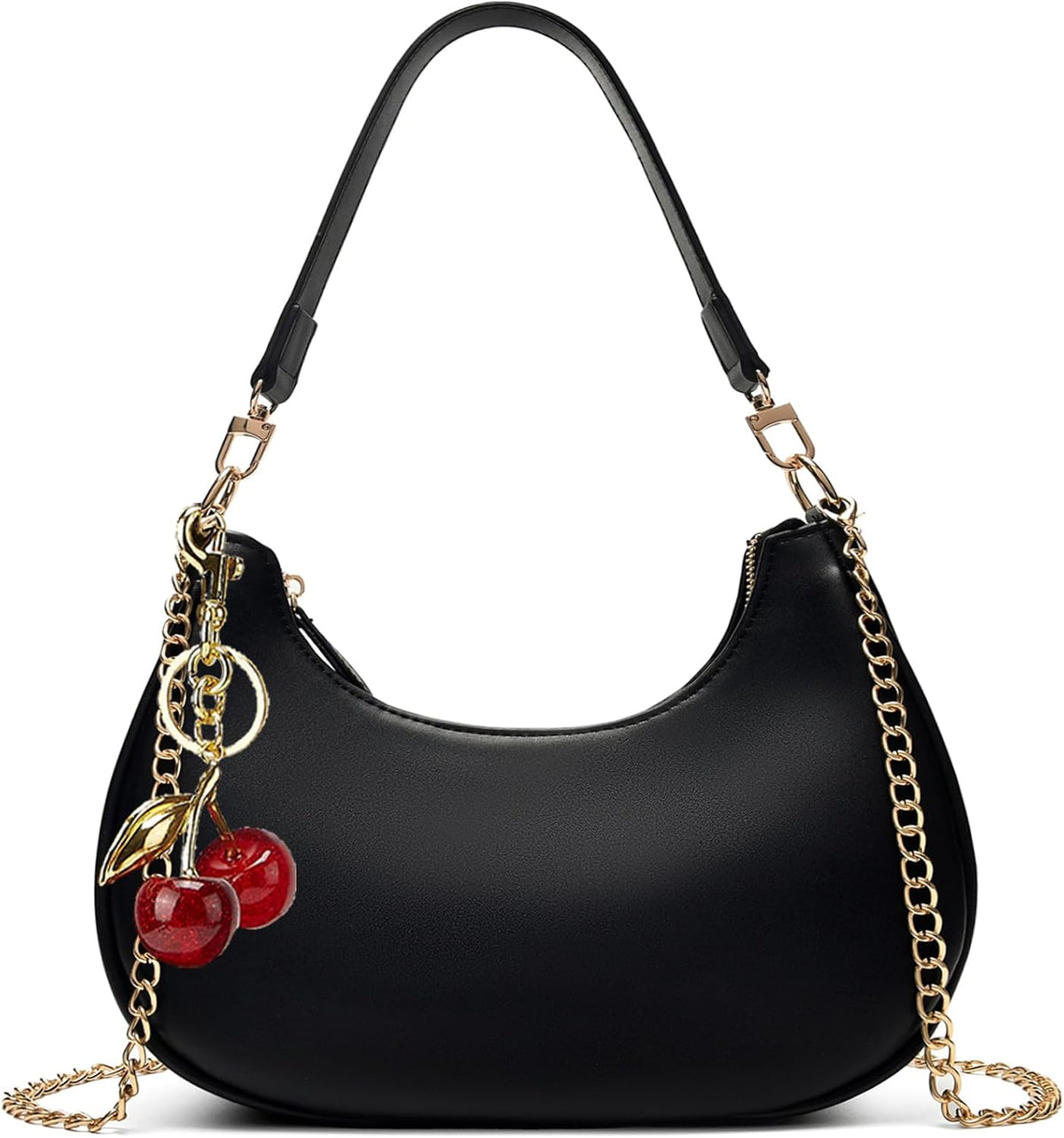 Black Cute Hobo Cherry Shoulder Bag — Retro Clutch with Removable Straps