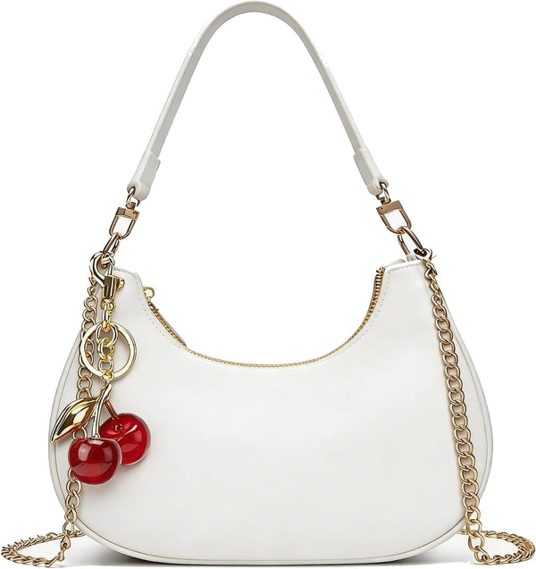 Black Cute Hobo Cherry Shoulder Bag — Retro Clutch with Removable Straps