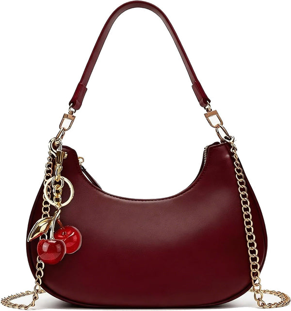 Black Cute Hobo Cherry Shoulder Bag — Retro Clutch with Removable Straps
