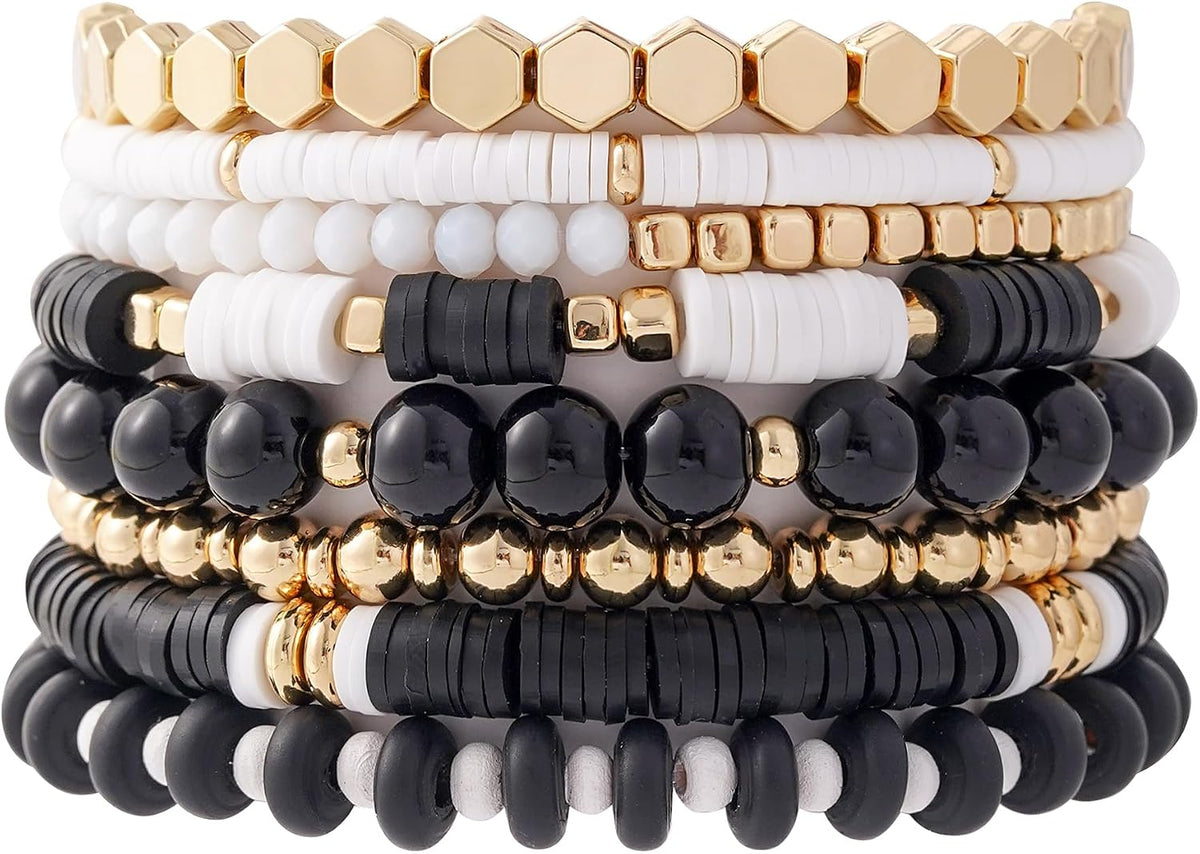 Surfer Heishi Clay Bead Bracelets for Women Bohemian Stackable Gold Plated Beaded Stretch Bracelets Elastic Layering Friendship Bracelets Set Boho Jewelry