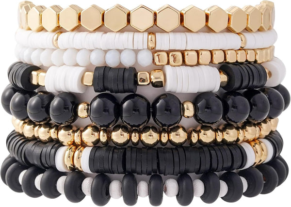 Surfer Heishi Clay Bead Bracelets for Women Bohemian Stackable Gold Plated Beaded Stretch Bracelets Elastic Layering Friendship Bracelets Set Boho Jewelry