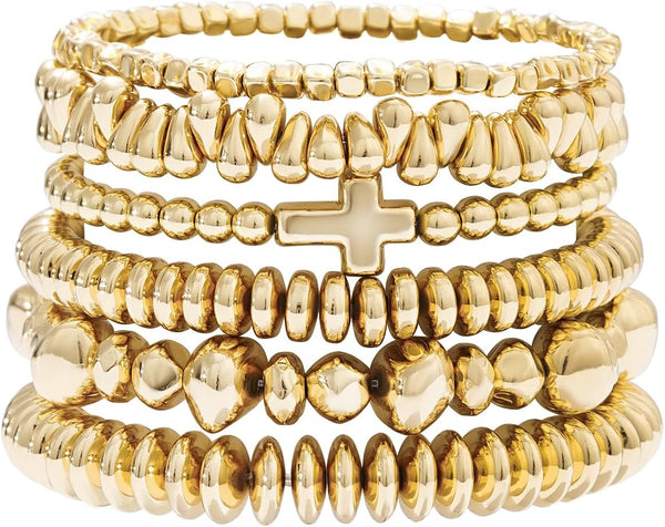 Surfer Heishi Clay Bead Bracelets for Women Bohemian Stackable Gold Plated Beaded Stretch Bracelets Elastic Layering Friendship Bracelets Set Boho Jewelry