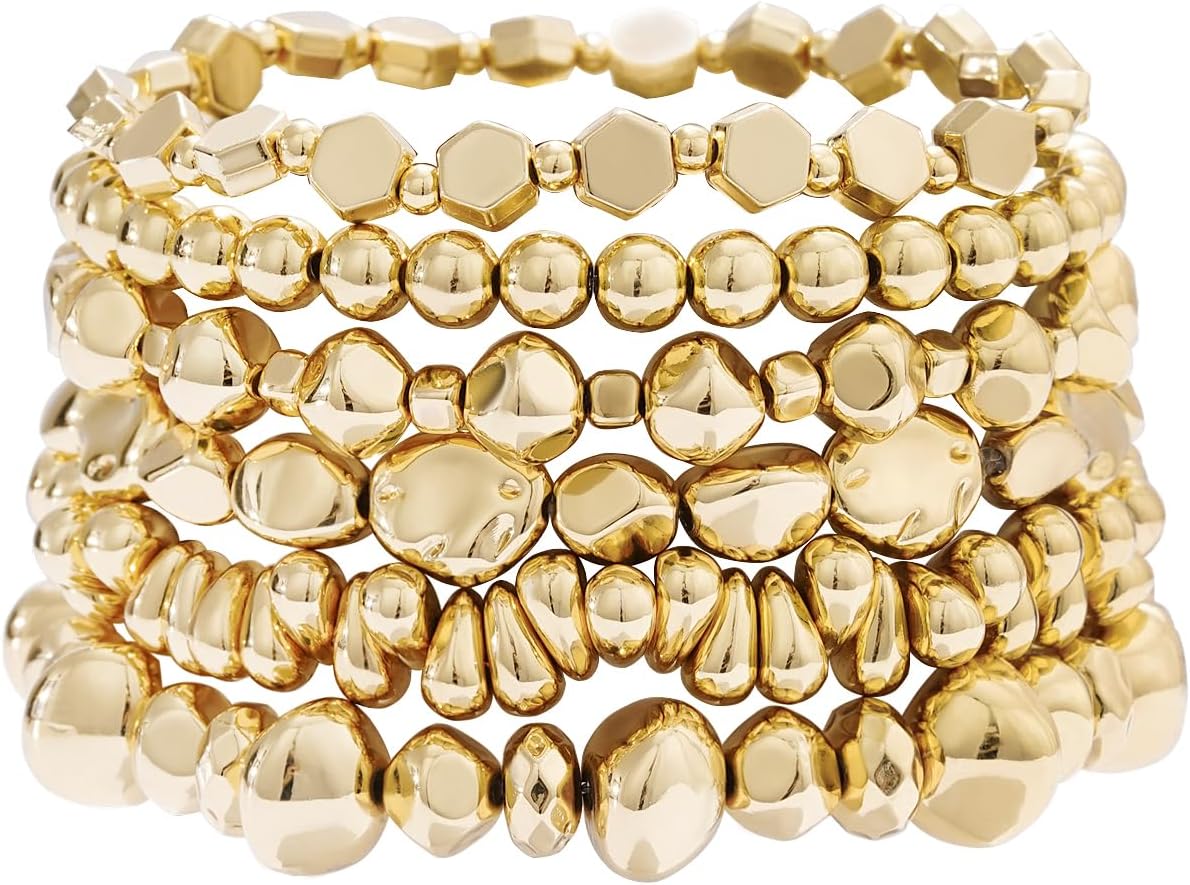 Surfer Heishi Clay Bead Bracelets for Women Bohemian Stackable Gold Plated Beaded Stretch Bracelets Elastic Layering Friendship Bracelets Set Boho Jewelry