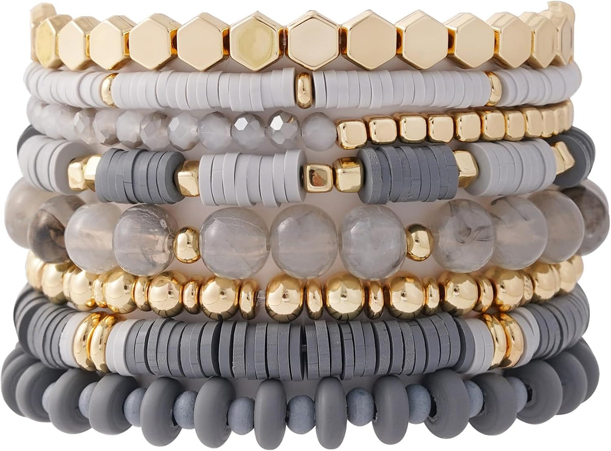 Surfer Heishi Clay Bead Bracelets for Women Bohemian Stackable Gold Plated Beaded Stretch Bracelets Elastic Layering Friendship Bracelets Set Boho Jewelry