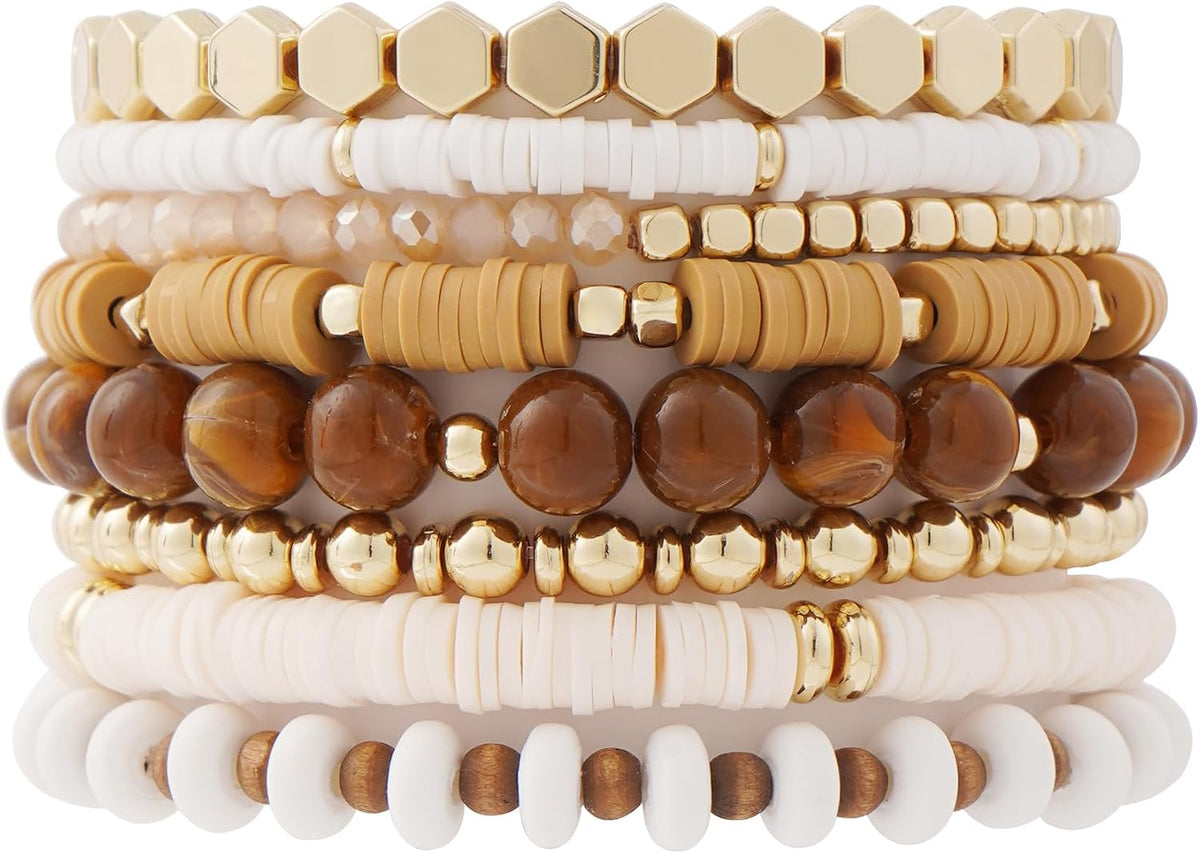Surfer Heishi Clay Bead Bracelets for Women Bohemian Stackable Gold Plated Beaded Stretch Bracelets Elastic Layering Friendship Bracelets Set Boho Jewelry