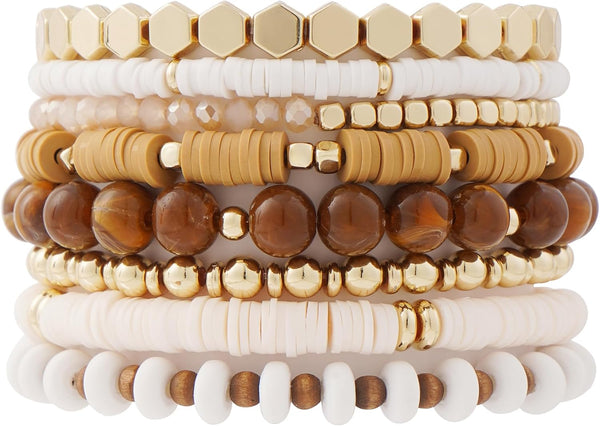 Surfer Heishi Clay Bead Bracelets for Women Bohemian Stackable Gold Plated Beaded Stretch Bracelets Elastic Layering Friendship Bracelets Set Boho Jewelry
