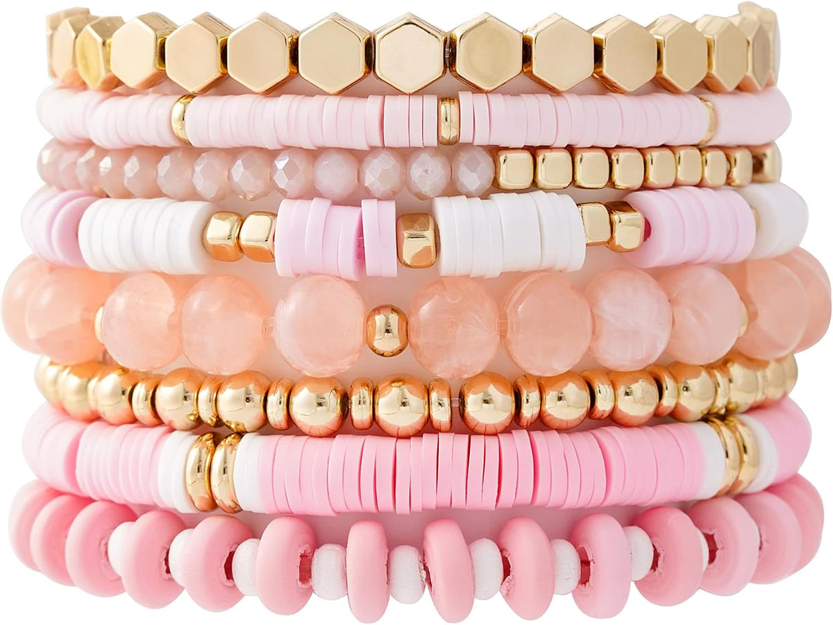 Surfer Heishi Clay Bead Bracelets for Women Bohemian Stackable Gold Plated Beaded Stretch Bracelets Elastic Layering Friendship Bracelets Set Boho Jewelry