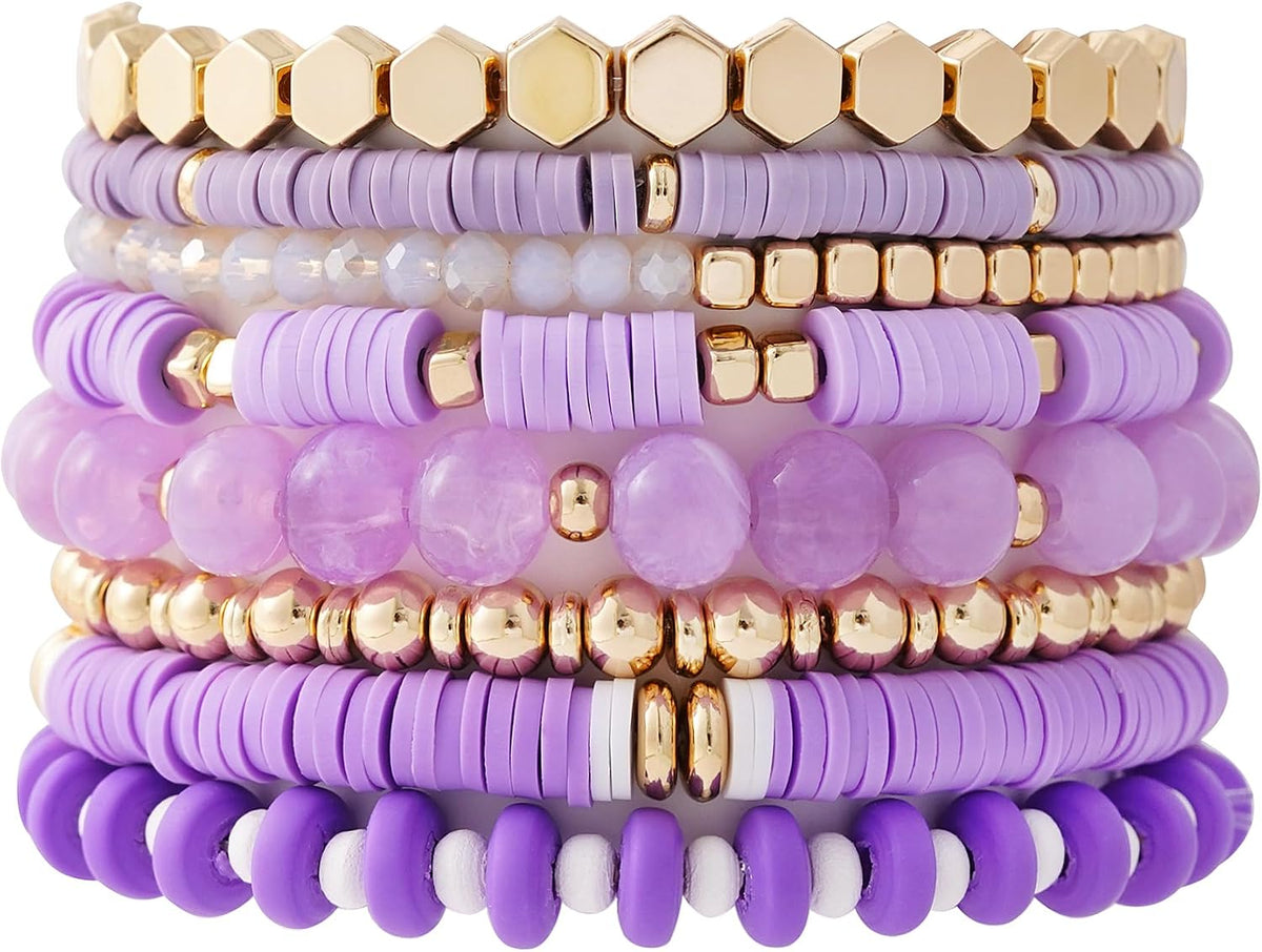 Surfer Heishi Clay Bead Bracelets for Women Bohemian Stackable Gold Plated Beaded Stretch Bracelets Elastic Layering Friendship Bracelets Set Boho Jewelry