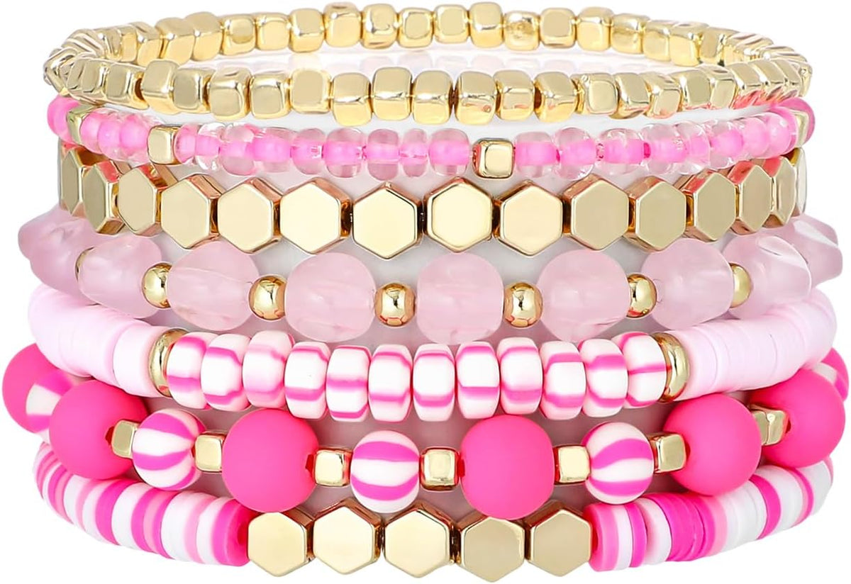 Surfer Heishi Clay Bead Bracelets for Women Bohemian Stackable Gold Plated Beaded Stretch Bracelets Elastic Layering Friendship Bracelets Set Boho Jewelry