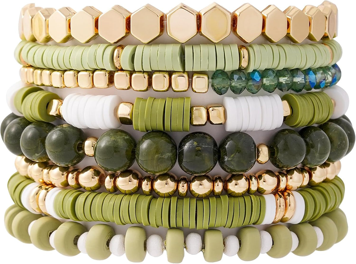 Surfer Heishi Clay Bead Bracelets for Women Bohemian Stackable Gold Plated Beaded Stretch Bracelets Elastic Layering Friendship Bracelets Set Boho Jewelry