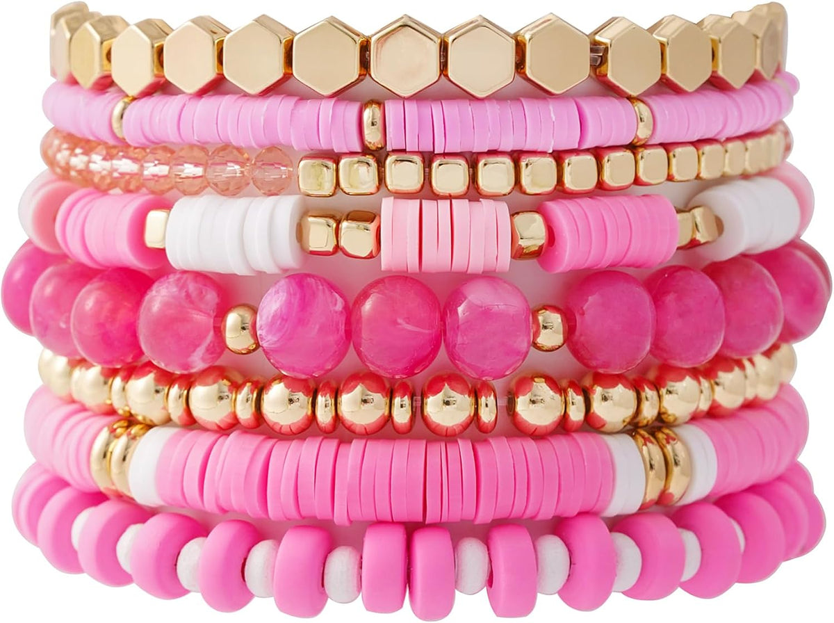 Surfer Heishi Clay Bead Bracelets for Women Bohemian Stackable Gold Plated Beaded Stretch Bracelets Elastic Layering Friendship Bracelets Set Boho Jewelry