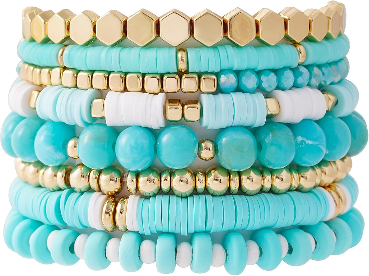 Surfer Heishi Clay Bead Bracelets for Women Bohemian Stackable Gold Plated Beaded Stretch Bracelets Elastic Layering Friendship Bracelets Set Boho Jewelry
