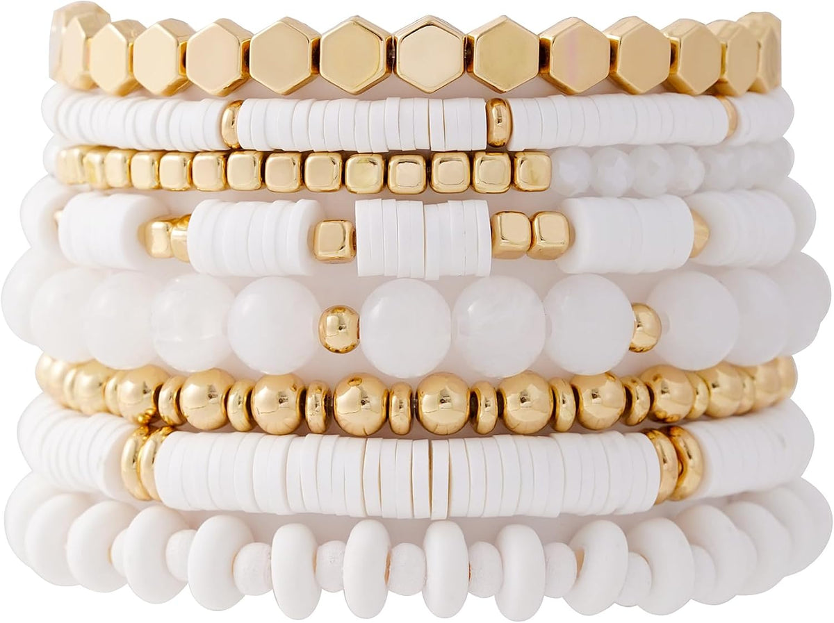 Surfer Heishi Clay Bead Bracelets for Women Bohemian Stackable Gold Plated Beaded Stretch Bracelets Elastic Layering Friendship Bracelets Set Boho Jewelry
