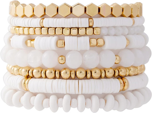 Surfer Heishi Clay Bead Bracelets for Women Bohemian Stackable Gold Plated Beaded Stretch Bracelets Elastic Layering Friendship Bracelets Set Boho Jewelry