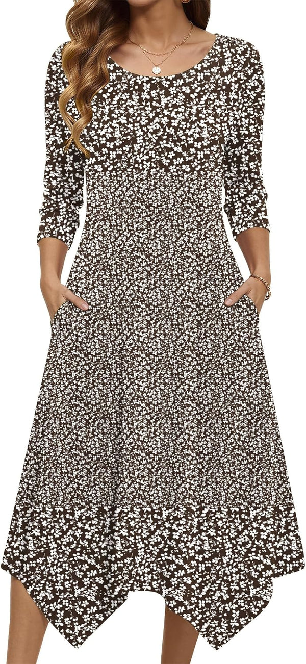 Zeagoo Midi Dresses Women 2026 Dress 3/4 Sleeve A Line Casual Dresses with Pockets