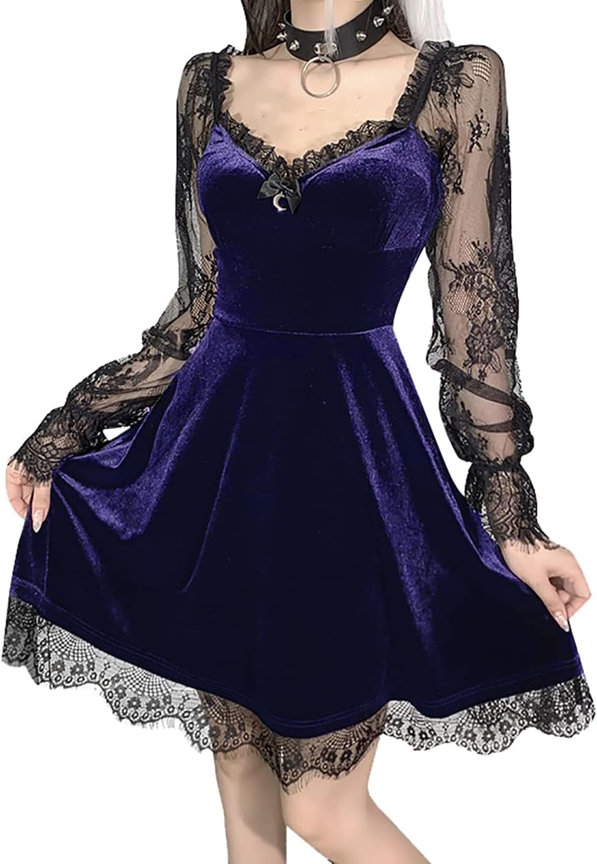 TSMNZMU Women Gothic Velvet Dress - Lace Long Sleeve Midi Lolita Dresses