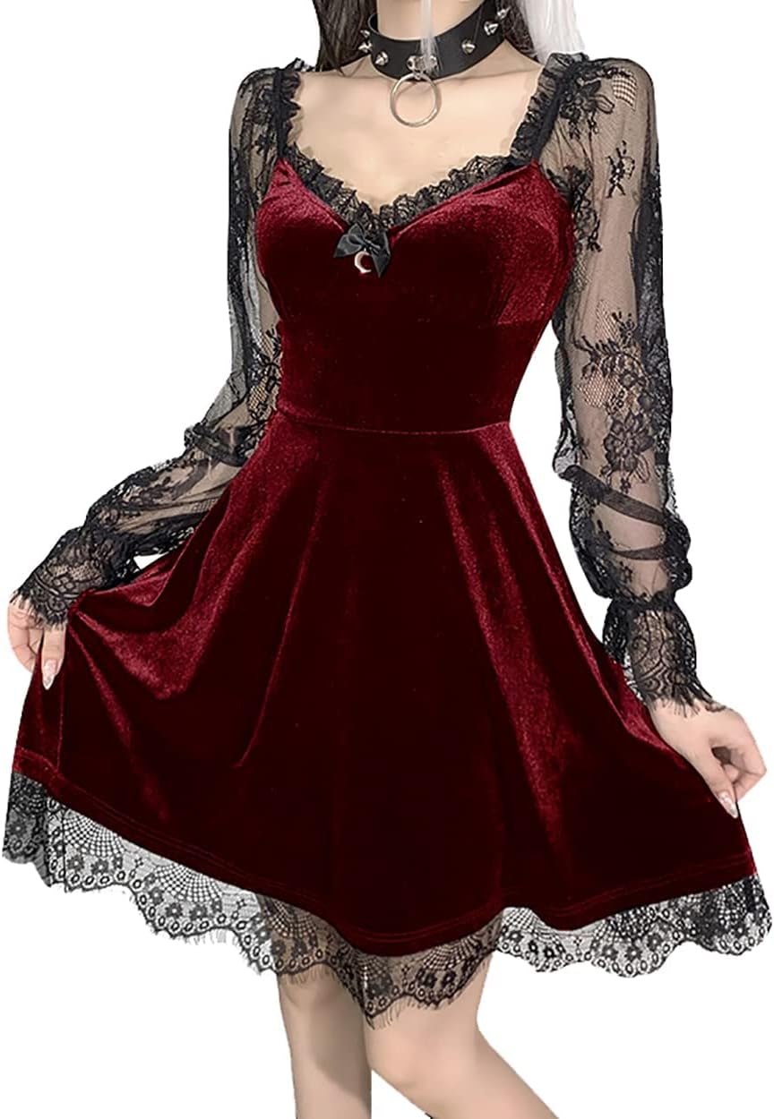 TSMNZMU Women Gothic Velvet Dress - Lace Long Sleeve Midi Lolita Dresses Main image