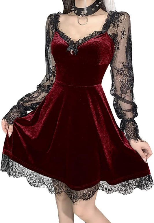 TSMNZMU Women Gothic Velvet Dress - Lace Long Sleeve Midi Lolita Dresses