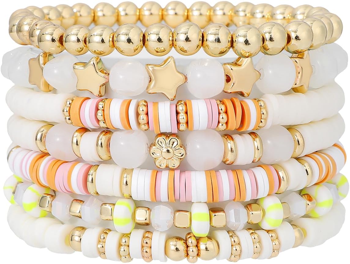 Surfer Heishi Clay Bead Bracelets for Women Bohemian Stackable Gold Plated Beaded Stretch Bracelets Elastic Layering Friendship Bracelets Set Boho Jewelry