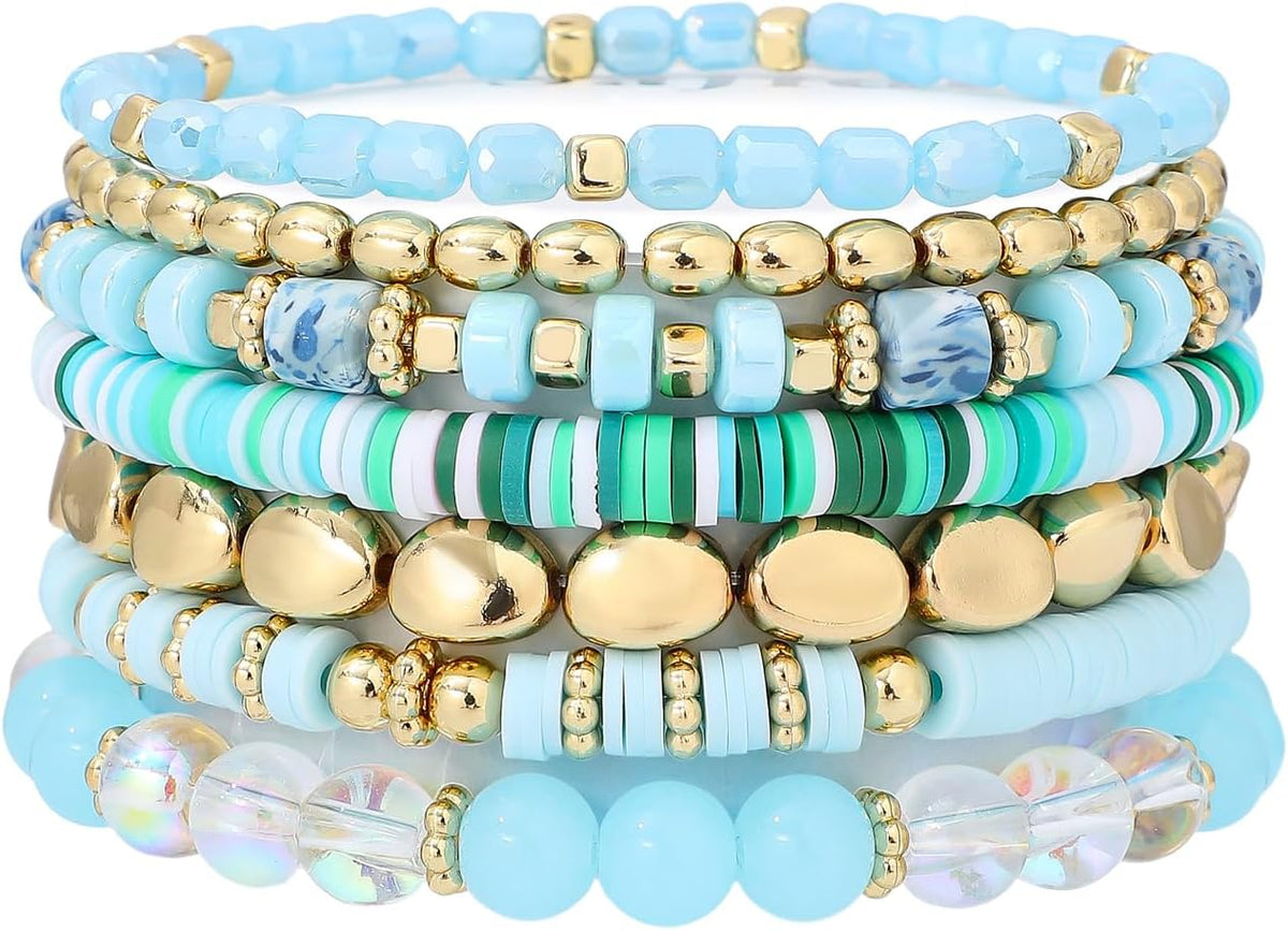 Surfer Heishi Clay Bead Bracelets for Women Bohemian Stackable Gold Plated Beaded Stretch Bracelets Elastic Layering Friendship Bracelets Set Boho Jewelry