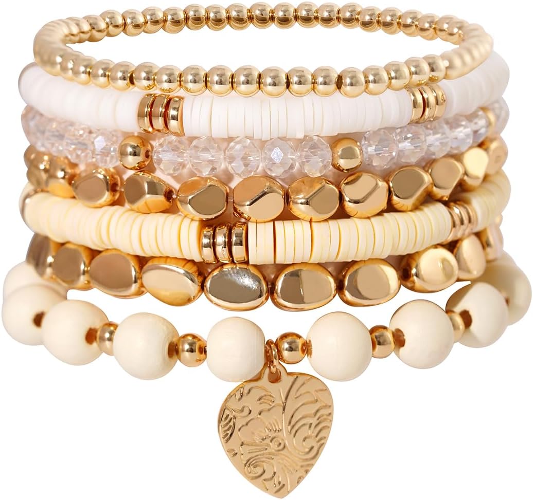 Surfer Heishi Clay Bead Bracelets for Women Bohemian Stackable Gold Plated Beaded Stretch Bracelets Elastic Layering Friendship Bracelets Set Boho Jewelry