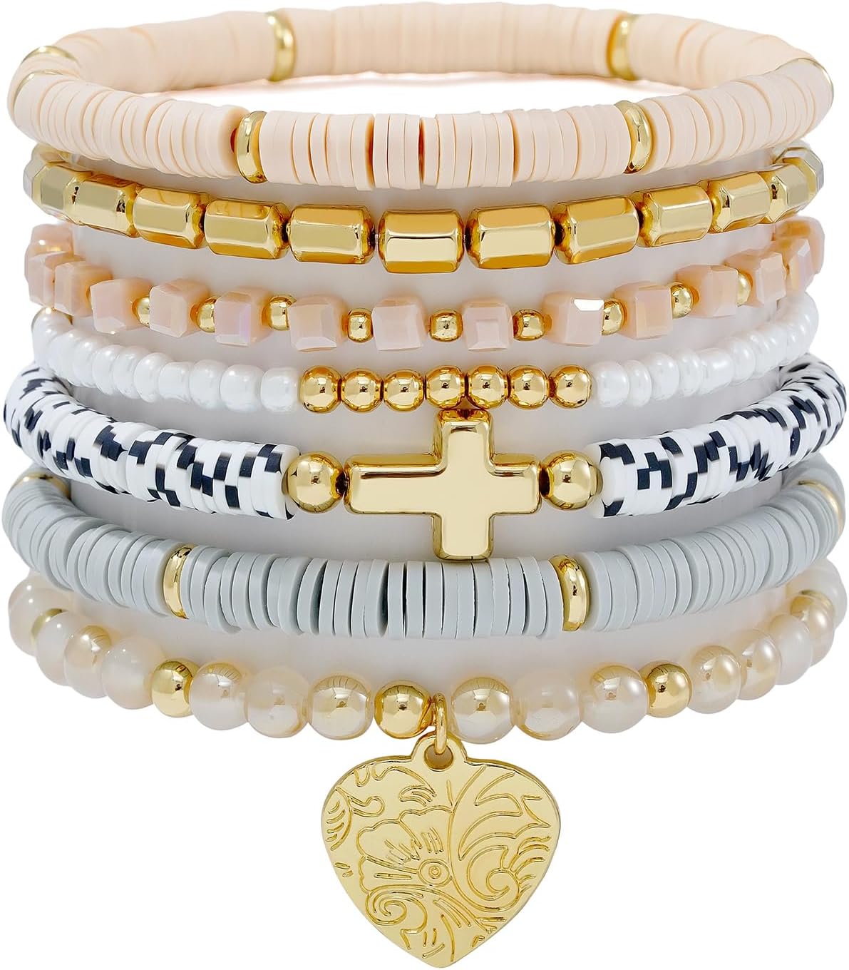 Surfer Heishi Clay Bead Bracelets for Women Bohemian Stackable Gold Plated Beaded Stretch Bracelets Elastic Layering Friendship Bracelets Set Boho Jewelry