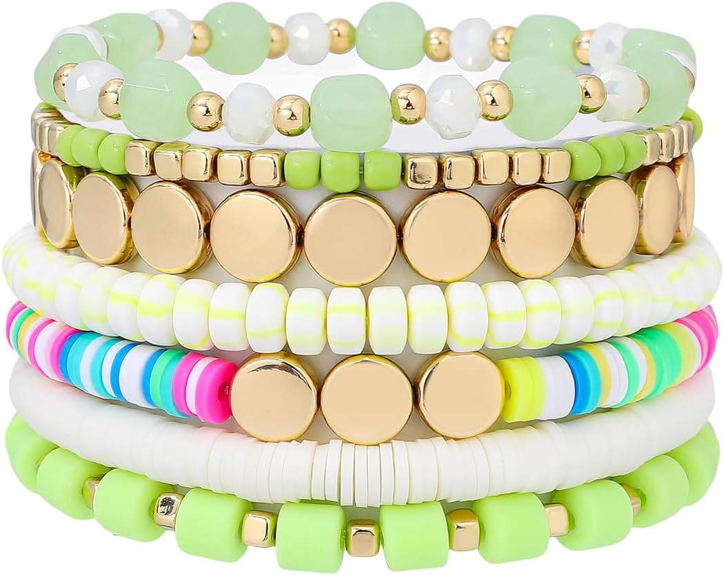 Surfer Heishi Clay Bead Bracelets for Women Bohemian Stackable Gold Plated Beaded Stretch Bracelets Elastic Layering Friendship Bracelets Set Boho Jewelry