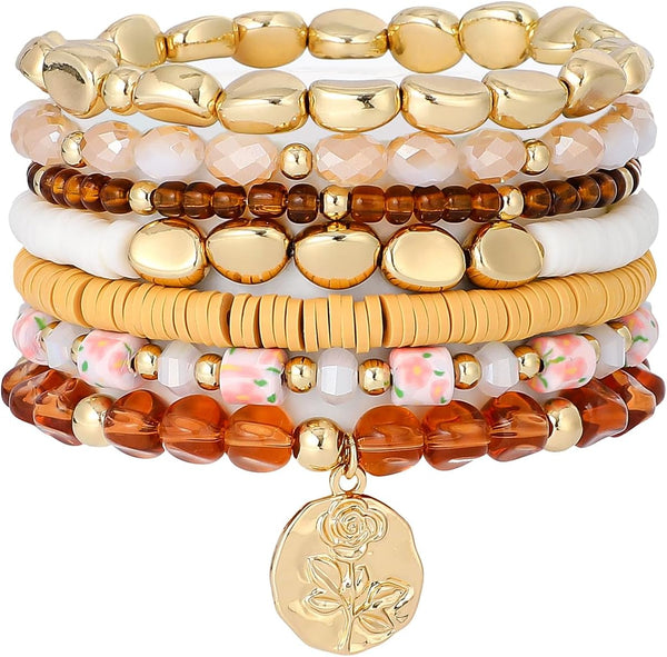 Surfer Heishi Clay Bead Bracelets for Women Bohemian Stackable Gold Plated Beaded Stretch Bracelets Elastic Layering Friendship Bracelets Set Boho Jewelry