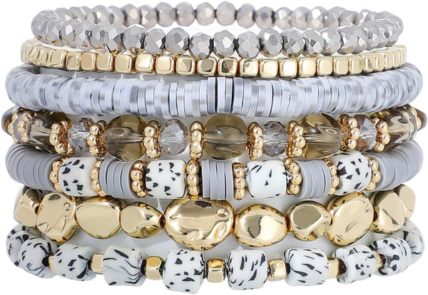 Surfer Heishi Clay Bead Bracelets for Women Bohemian Stackable Gold Plated Beaded Stretch Bracelets Elastic Layering Friendship Bracelets Set Boho Jewelry