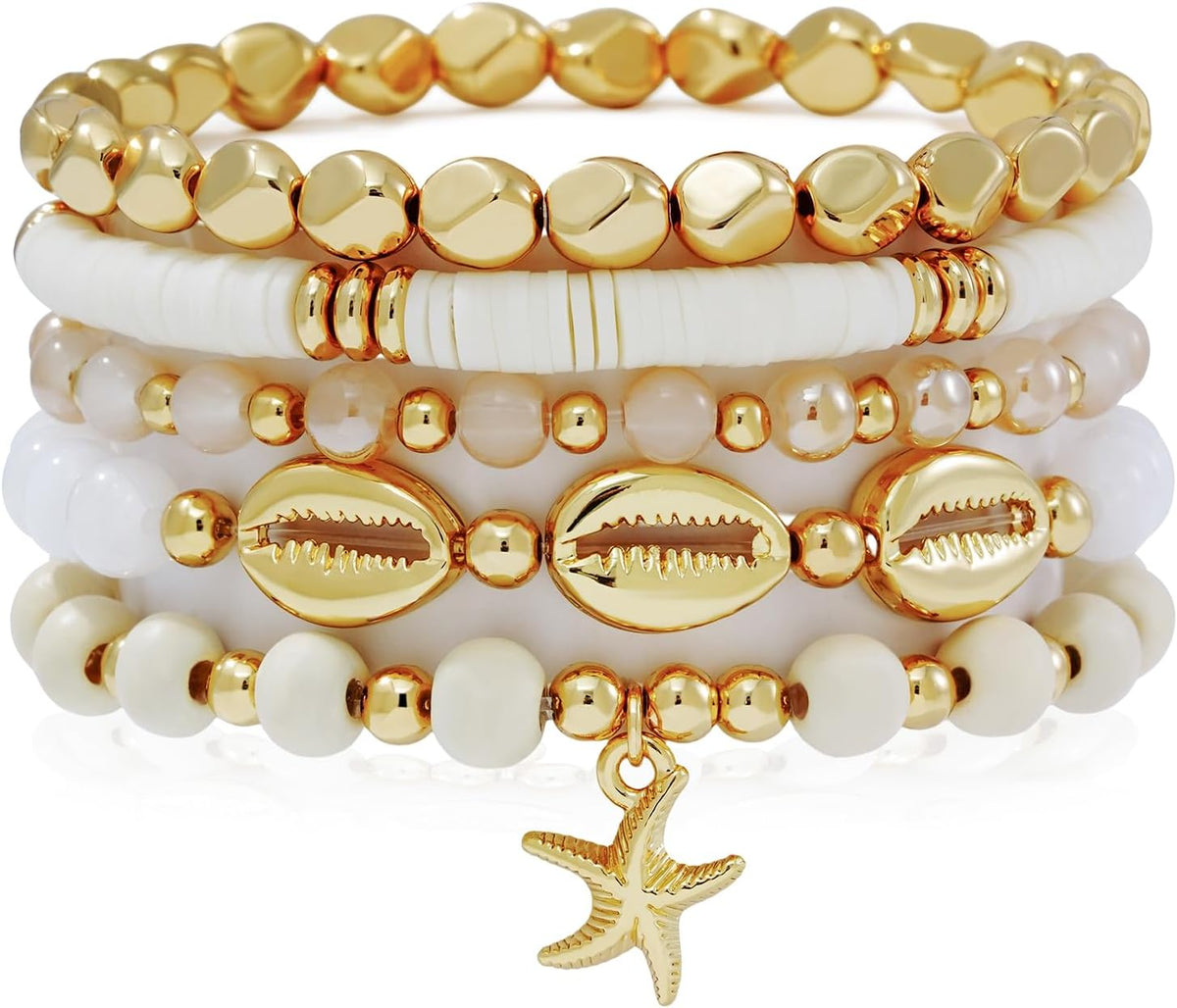 Surfer Heishi Clay Bead Bracelets for Women Bohemian Stackable Gold Plated Beaded Stretch Bracelets Elastic Layering Friendship Bracelets Set Boho Jewelry