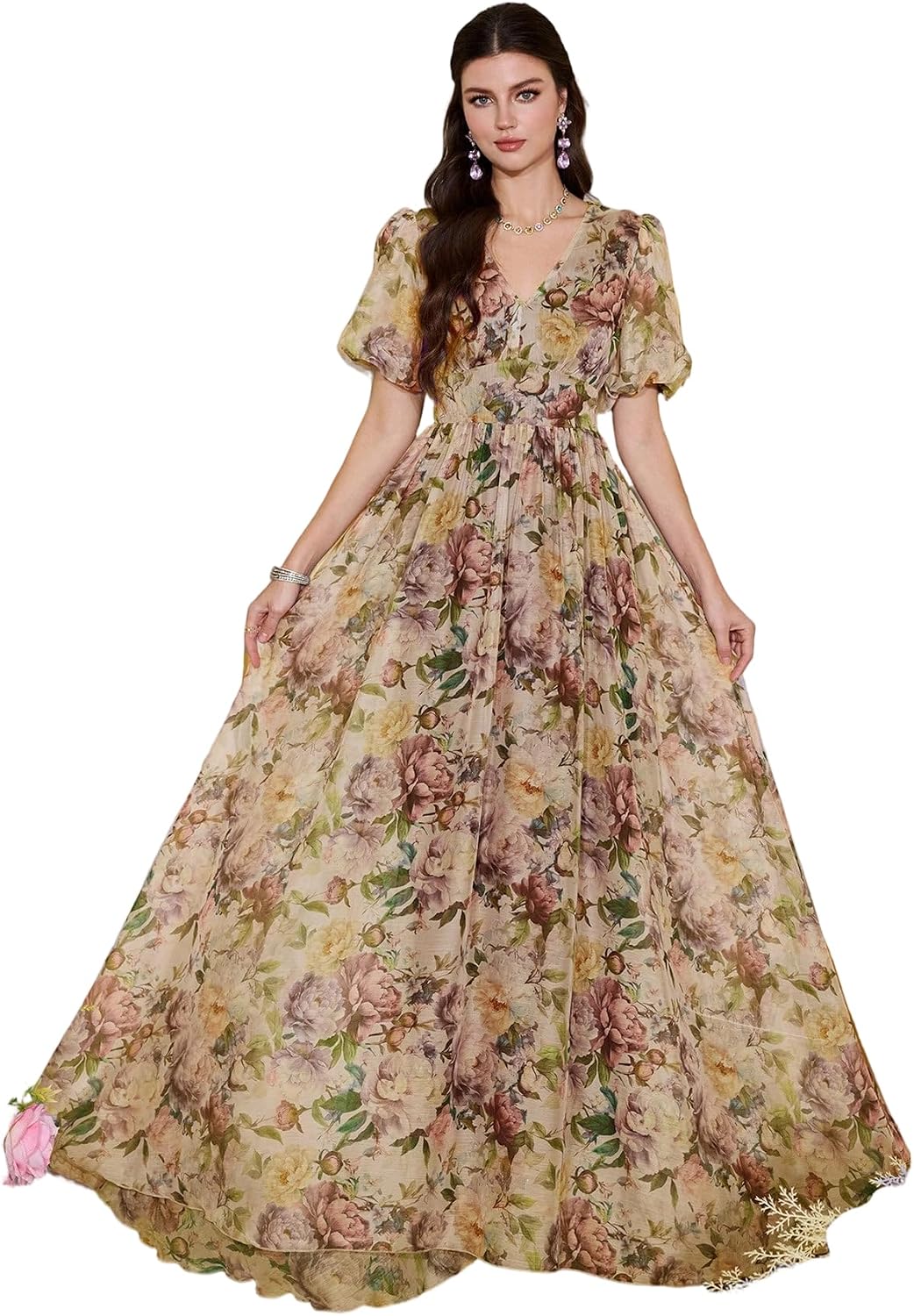 Womens Summer Dresses,Floral Patterns Vintage Elegant Cocktail Long Sleeve Boho Casual Maxi Wedding Guest Dresses for Women
