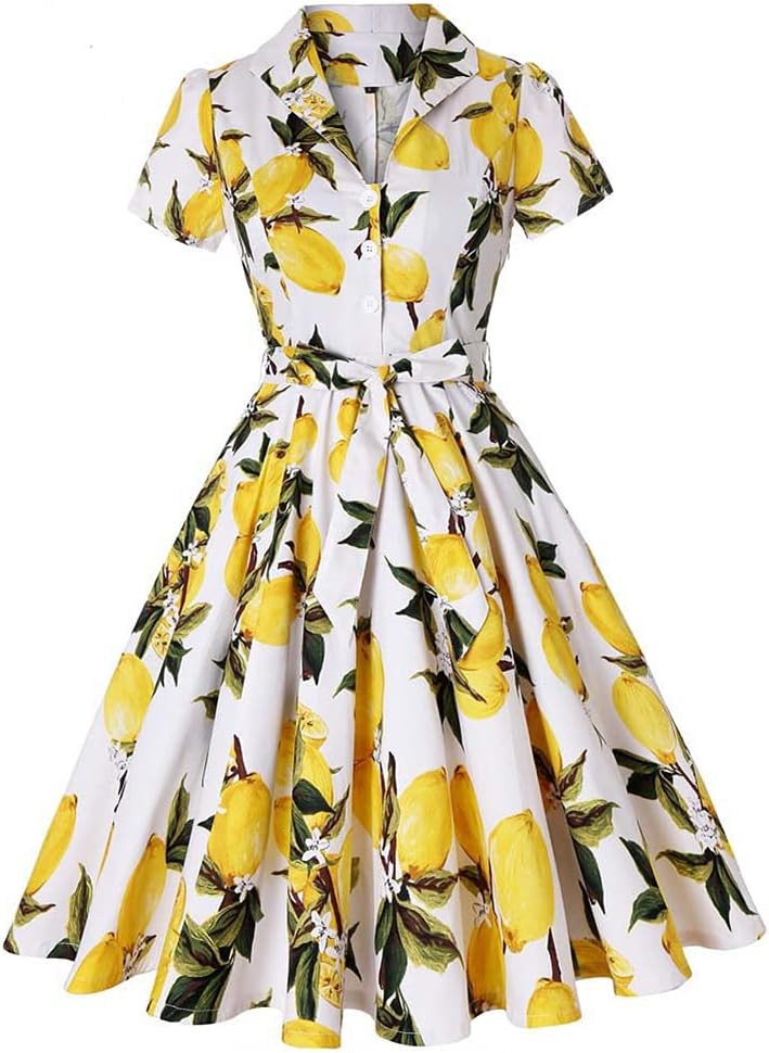 Women 1950s Vintage Short Sleeve Peter Pan Collar Retro Swing A Line Midi Summer Dress Cocktail Party Evening Prom Gown