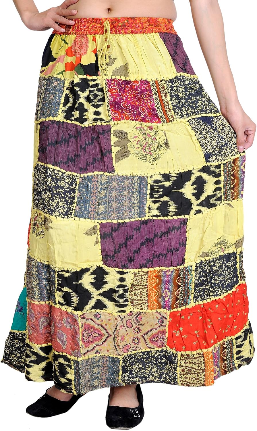 Exotic India Long Printed Dori Skirt from Gujarat with Patch Work - Rayon