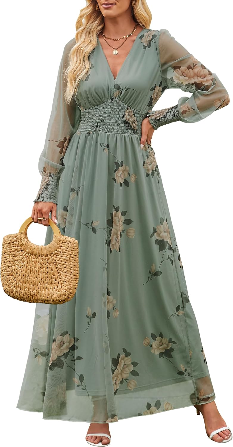 ANRABESS Women's Fall Wedding Guest Tulle Floral Long Sleeve Maxi Dress