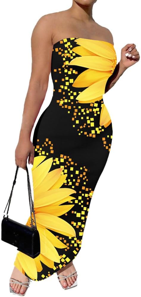 PINSV Women Maxi Strapless Dress Bodycon Tube Dresses