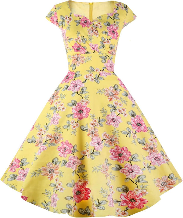 Women's Cap Sleeve 1950s Retro Vintage Cocktail Swing Dresses with Pocket
