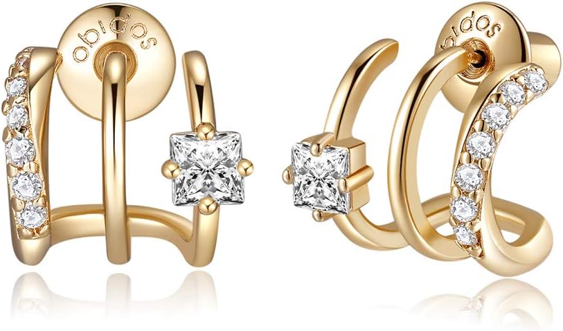 14K Gold Plated Illusion Stud Earrings for Women | Triple Huggie Hoop Earrings for One Hole| Trendy Simple Hypoallergenic Fashion Accessories Gold